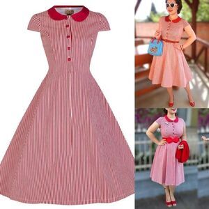 🍒 LINDY BOP Rockabilly Vintage 1950's Candy Stripe Peter Pan Collar Dress Size